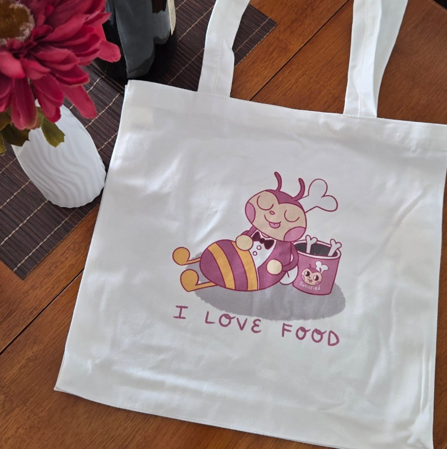 "Satisfied Bee" White Cotton Canvas Tote Bag