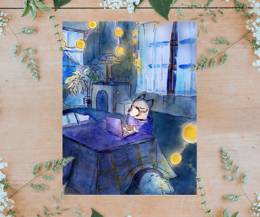 Cats Kotatsu Watercolor 8.5x11 Print